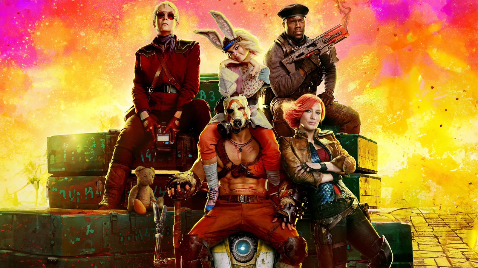 A group of people in costumes sitting on top of luggage (borderlands, 8k, 2024 movies, 5k, krieg)