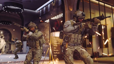 Intense firefight scene from Call of Duty: Modern Warfare II featuring soldiers in tactical gear engaging in combat.