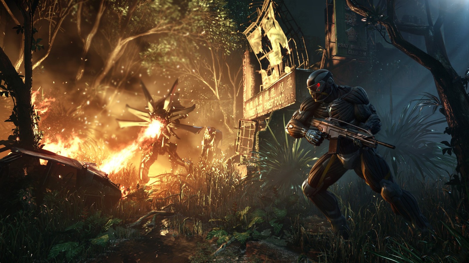 Captura de pantalla de un hombre con un arma en un bosque (crysis 3, crysis, crysis 2, crytek, playstation 3)