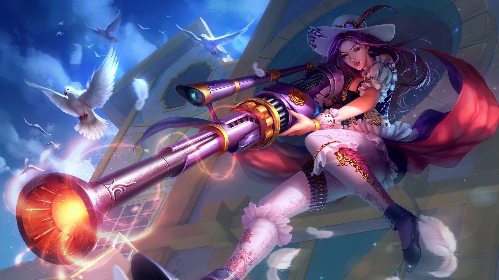 Eine frau mit einem hut und einem pinken outfit, die eine große waffe hält (caitlyn, lol, league of legends, videospiel)