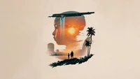 Um cartaz de filme impressionante para "O Criador" (2023), apresentando a silhueta do perfil de uma criança sobreposta a um pôr do sol e elementos futuristas, simbolizando esperança e exploração.