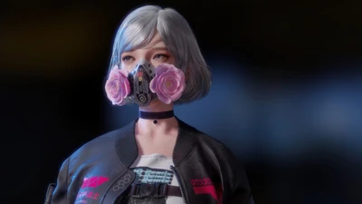 Garota cyberpunk com máscara de gás e acentos florais em arte digital