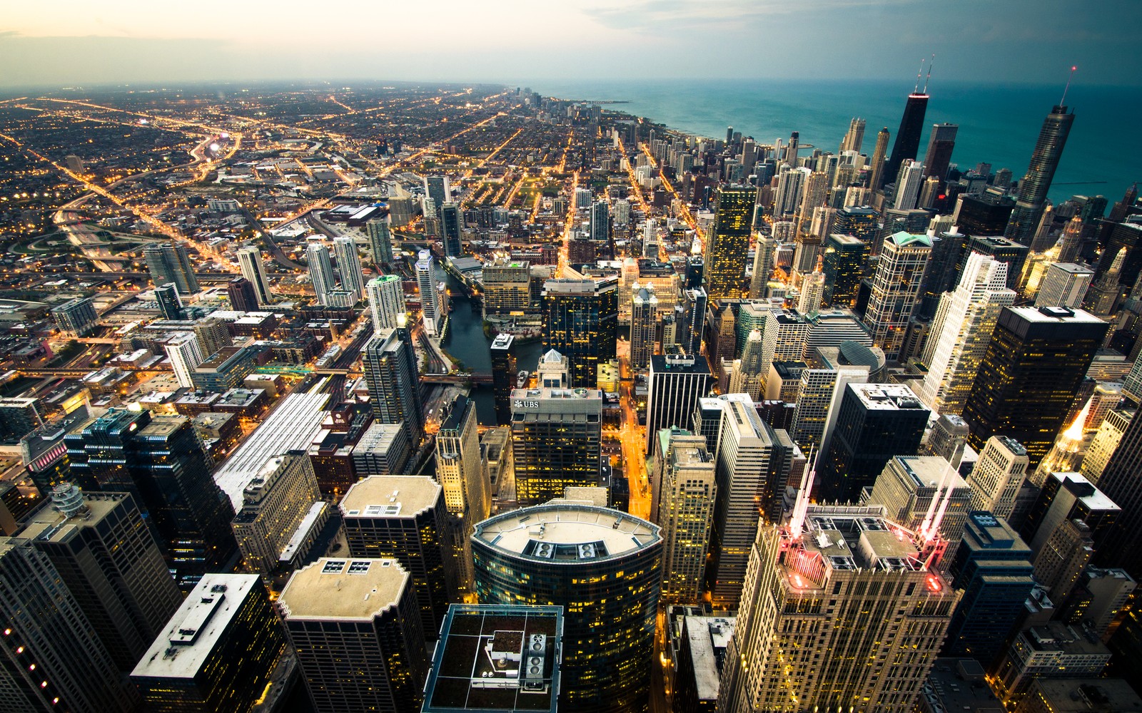 chicago city, cityscape, city lights, dusk, skyscrapers wallpaper