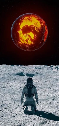 Un astronauta se arrodilla en la superficie lunar, mirando una Tierra ardiente y fundida en el distante cosmos, fusionando elementos de la naturaleza y el universo.