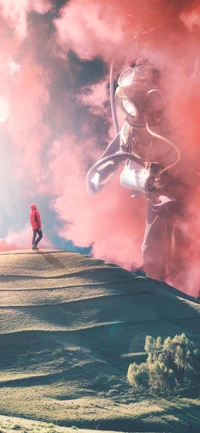 Encontro surrealista: Uma figura na natureza sob um mergulhador gigante em meio a nuvens coloridas