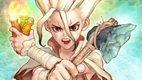 Senku Ishigami from "Dr. Stone" wielding a makeshift weapon and holding glowing test tubes, embodying innovation and determination.