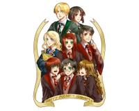 Ilustración de anime de personajes de Harry Potter en Hogwarts