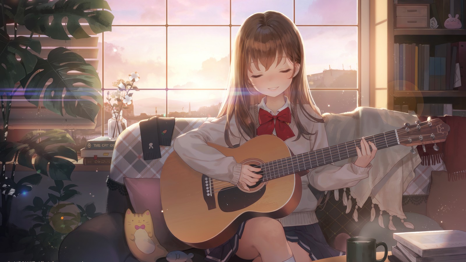 Chica de anime tocando la guitarra en una habitación con una ventana (niñas de anime, jugando, guitarra)