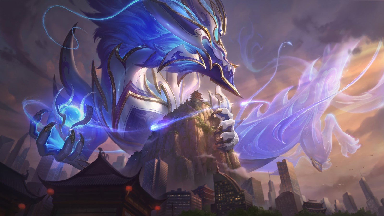 Un dragon bleu avec une longue queue volant dans les airs (porcelaine, protecteur, aurelion sol, peau, league of legends)