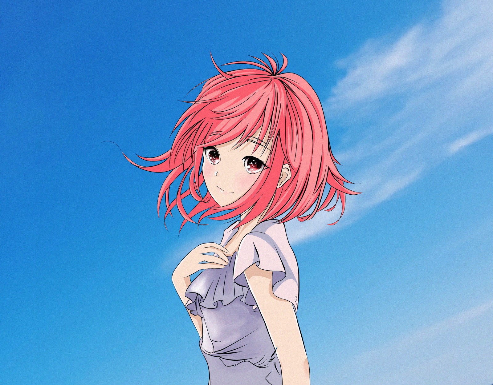 hair, red hair, sky, blue, animation wallpaper