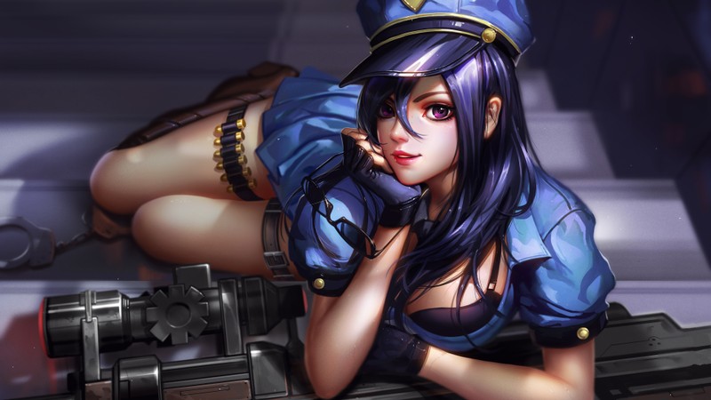 Женщина в униформе, лежащая на скамейке с оружием (caitlyn, lol, league of legends, видеоигра)