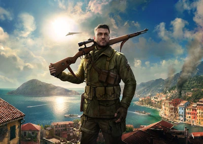 Sniper Elite 4: Soldado tático em uma paisagem devastada pela guerra