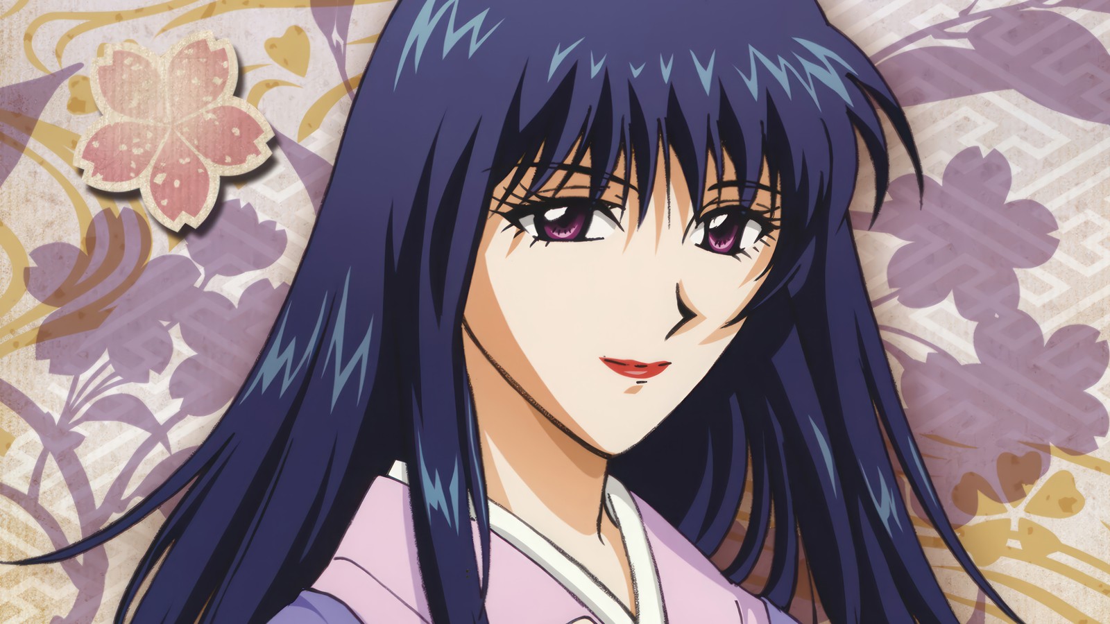 Una mujer con cabello largo y negro y ojos morados en un kimono morado (rurouni kenshin, meiji kenkaku romantan, anime, samurai x, megumi takani)