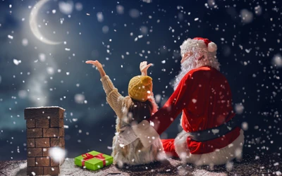 Nuit de Noël joyeuse avec le Père Noël et une fille dans un pays des merveilles d'hiver