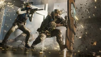 Intense combat scene featuring soldiers in military uniforms breaching a door amidst flying debris and gunfire in a futuristic battlefield environment.