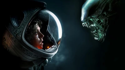 A tense confrontation between Ripley and a menacing xenomorph in a dark, atmospheric setting.