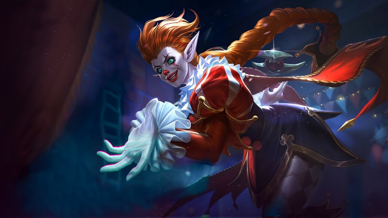 Une femme en tenue rouge et blanche tenant une épée (karrie, farceur, peau, mobile legends, ml)