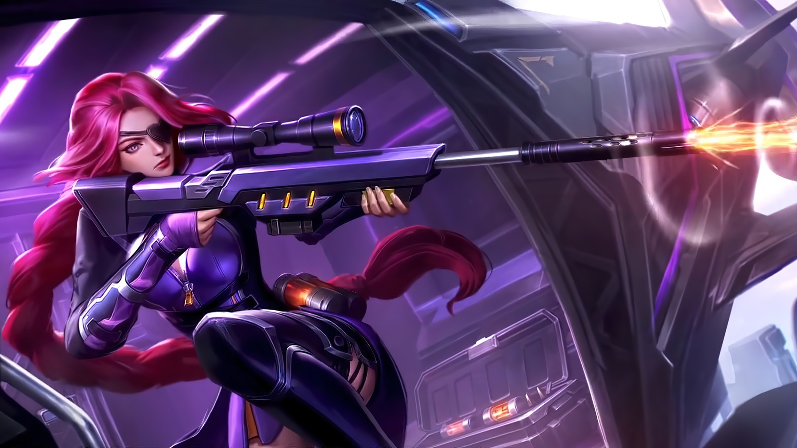 Une femme avec une arme à la main et un homme en costume (lesley, dame létale, mobile legends, bang bang, mlbb)