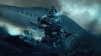 Military Operatives in a Shooter Game with Aircraft and Dramatic Cloudscape