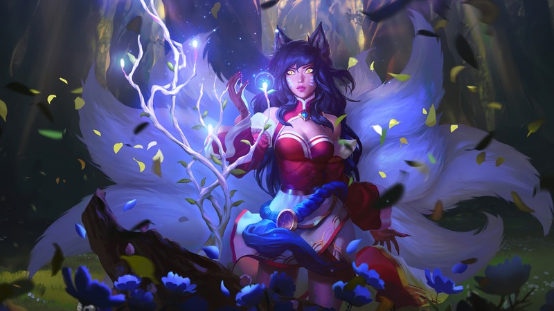 Женщина в красном платье держит палочку в лесу (ахри, ahri, league of legends, lol, видеоигра)