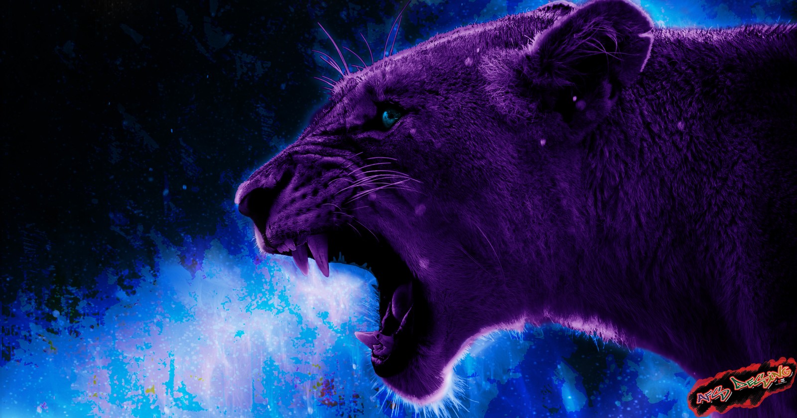 Um close-up de um leão roxo com a boca aberta (leão, artista, arte, felidae, roxo)