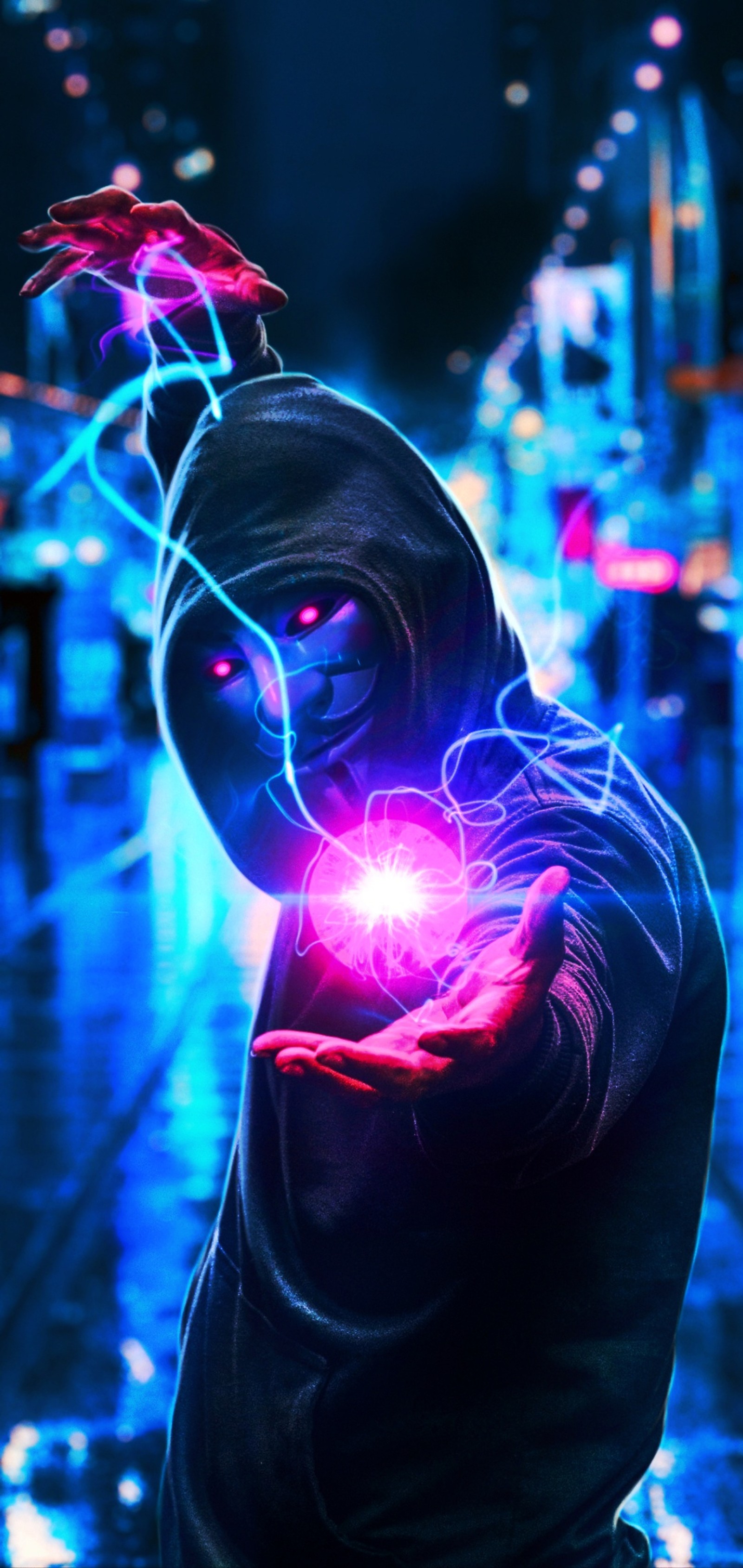 Arafed man in a hoodie holding a glowing ball in his hand (4k, anonymous, blue, electricity, guy)