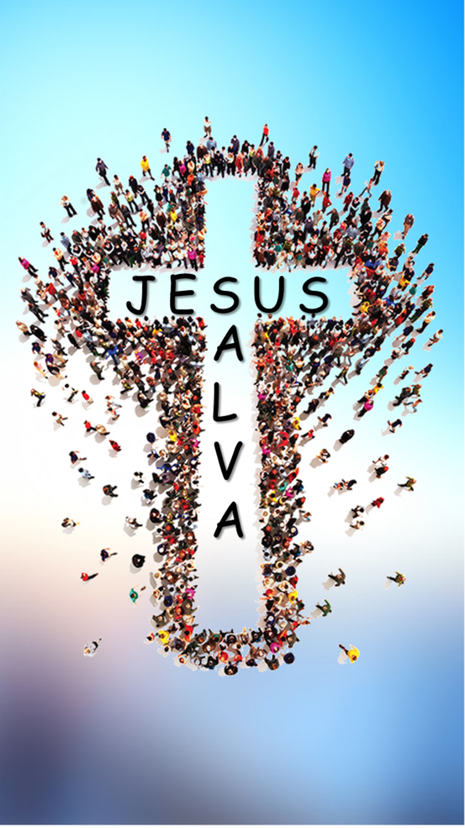 Una imagen de una cruz hecha de personas con la palabra jesús (cristo, cruz, jesús)