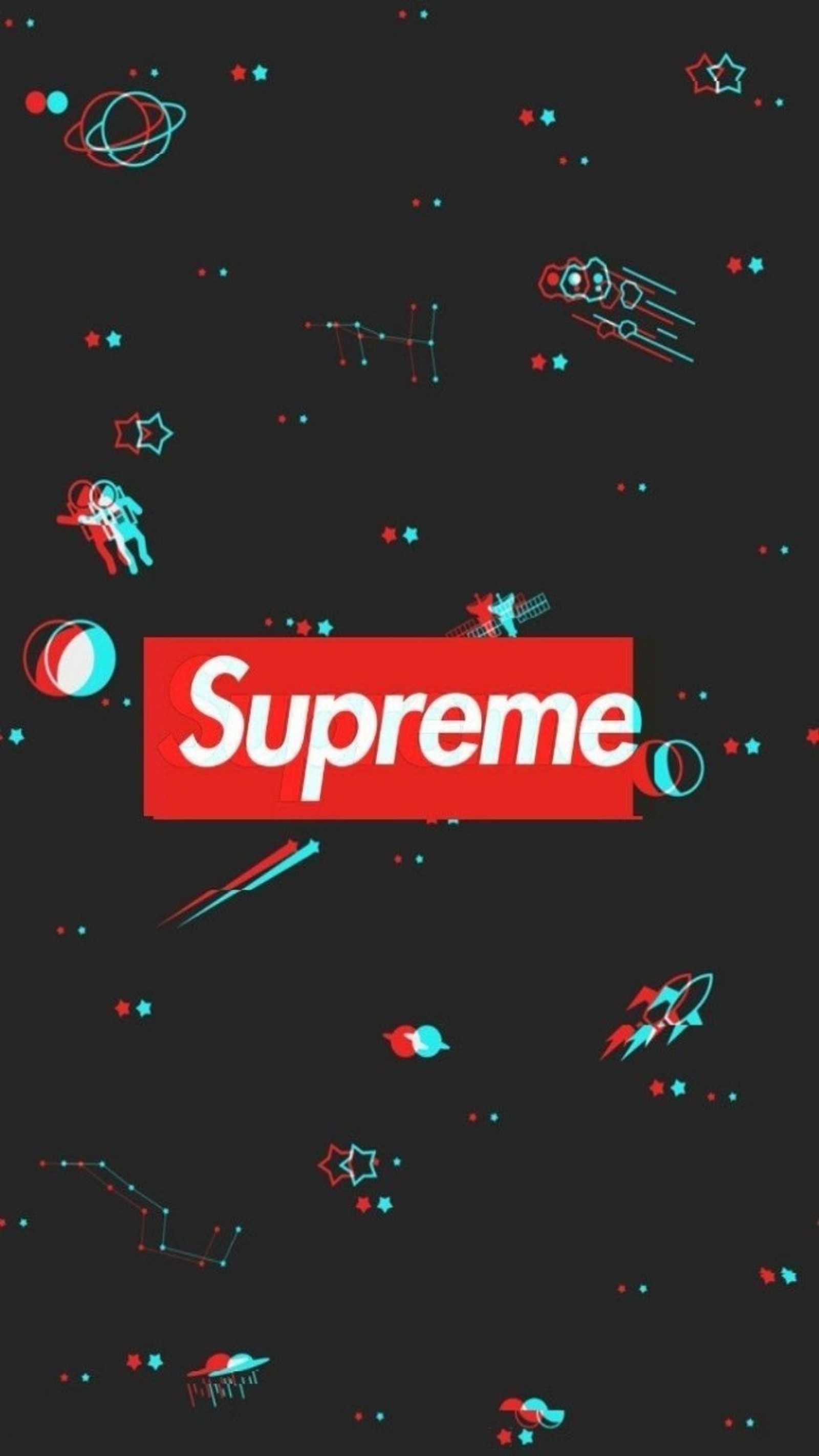 Um fundo preto com um logotipo de caixa supreme vermelho cercado pelo espaço (supreme, tumblr)