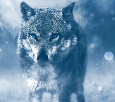 Blaue-Augen-Wolf in nebliger Landschaft