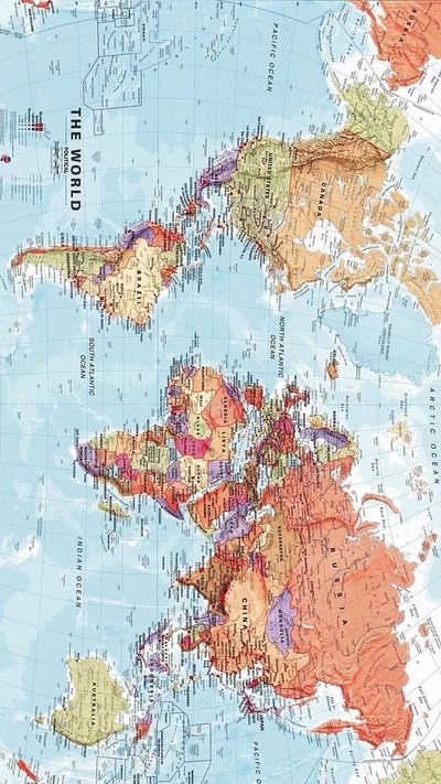 Weltkarte mit geografischen Merkmalen und politischen Grenzen