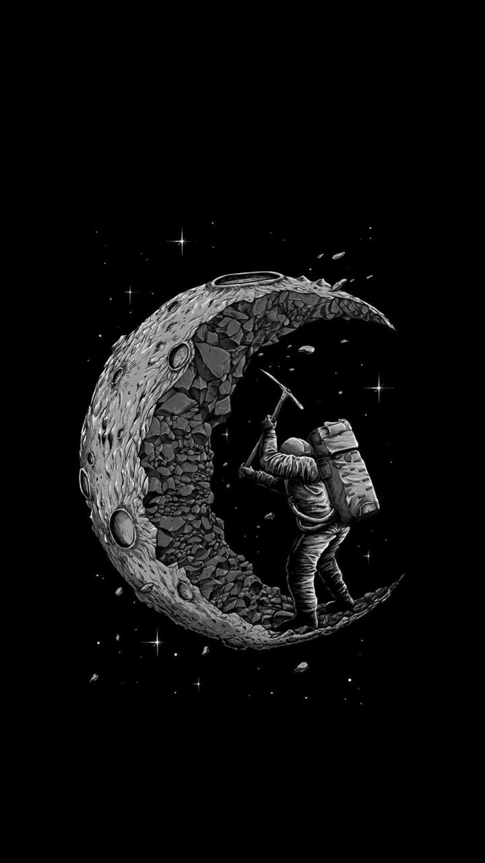 Una ilustración en blanco y negro de un hombre en la luna (negro, creativo, luna)