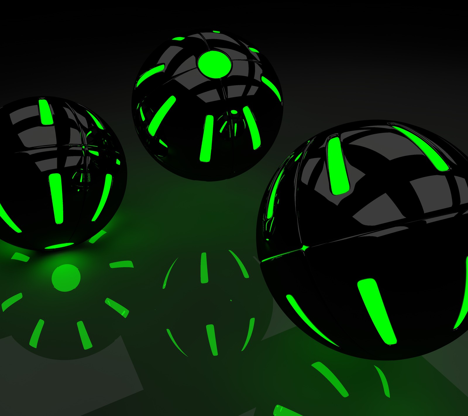 Three black and green spheres with glowing green lights on a black surface (2edition, baelle, balls, big, fallen)