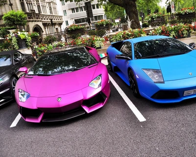 Duo vibrant de Lamborghini : supercars roses et bleues garées dans un cadre urbain en fleurs