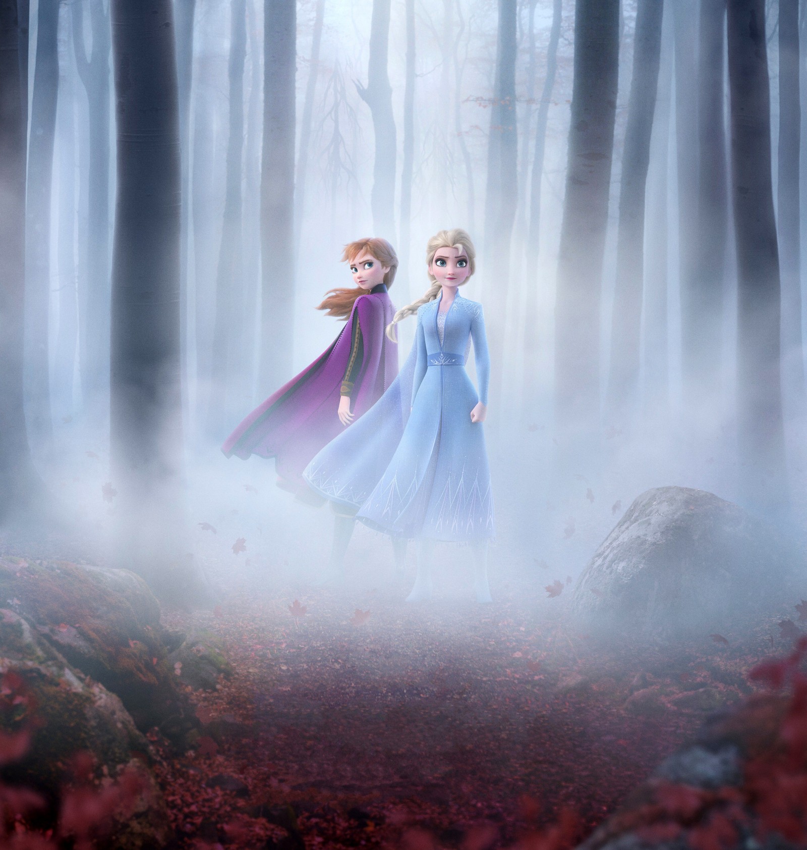 Eingefrorene prinzessinnen in einem nebligen wald mit nebel und roten blättern. (amerika, animation, anna und elsa, anna and elsa, disney)