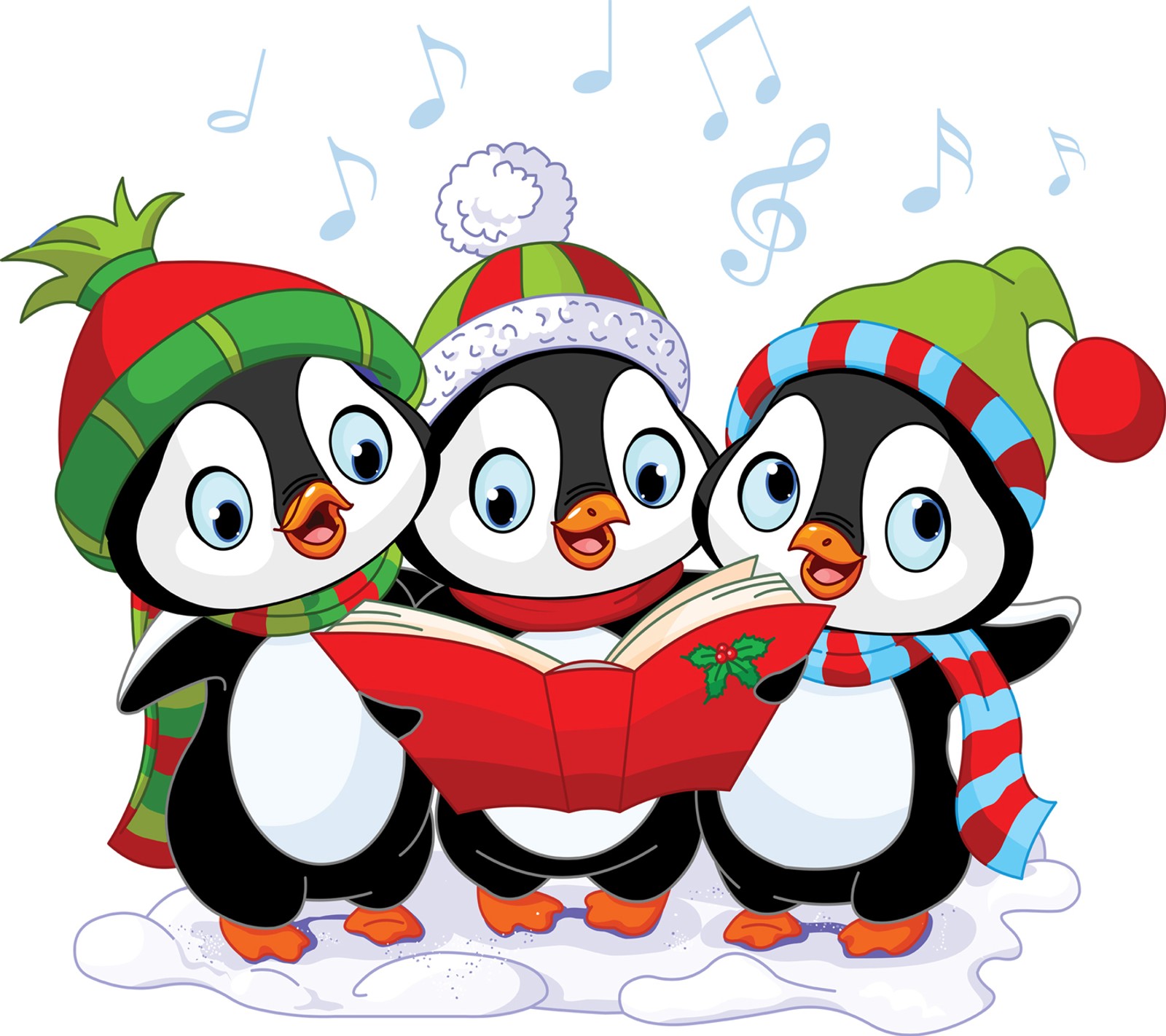 Três pinguins cantando uma canção de natal enquanto usam chapéus (natal, cantores)