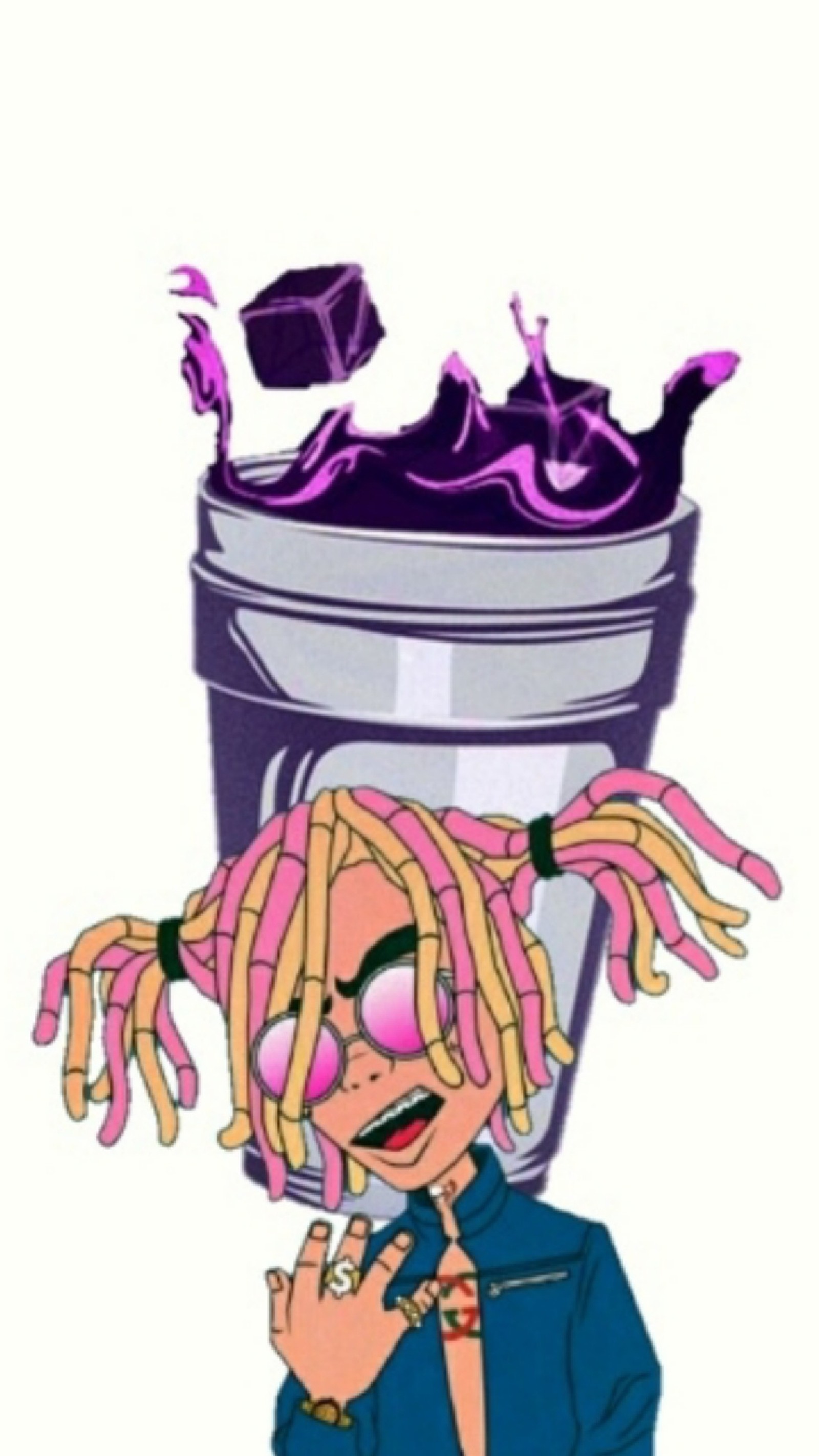 Un dessin animé d'une femme avec des cheveux roses et une tasse violette (bande, sincliner, lil, lil pump, lilpump)