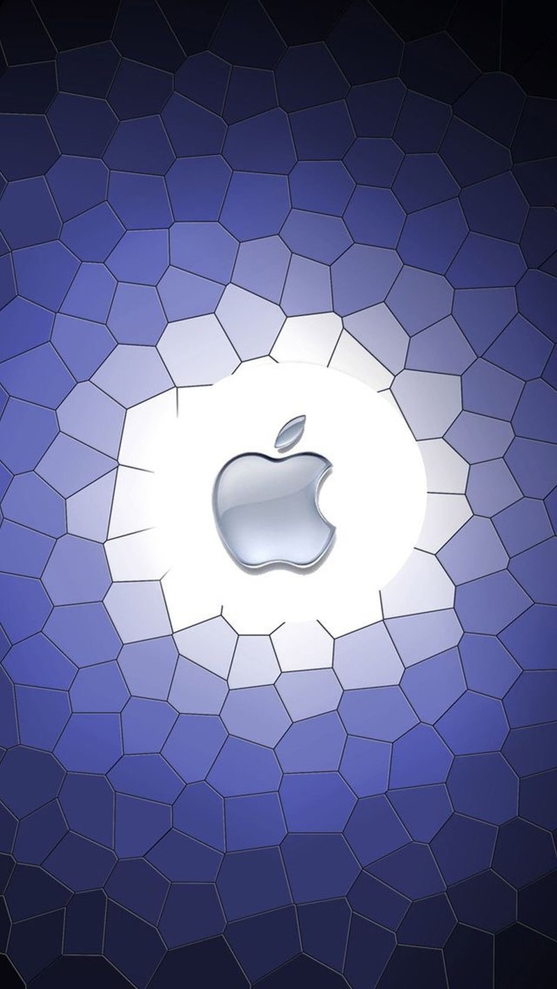 There is a picture of a apple logo on a mosaic background (apple, blue)