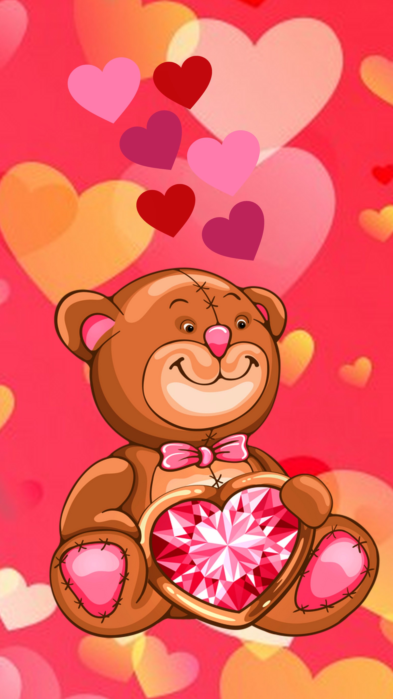 A close up of a teddy bear holding a heart with hearts in the background (bear, heart, love, valentines day)