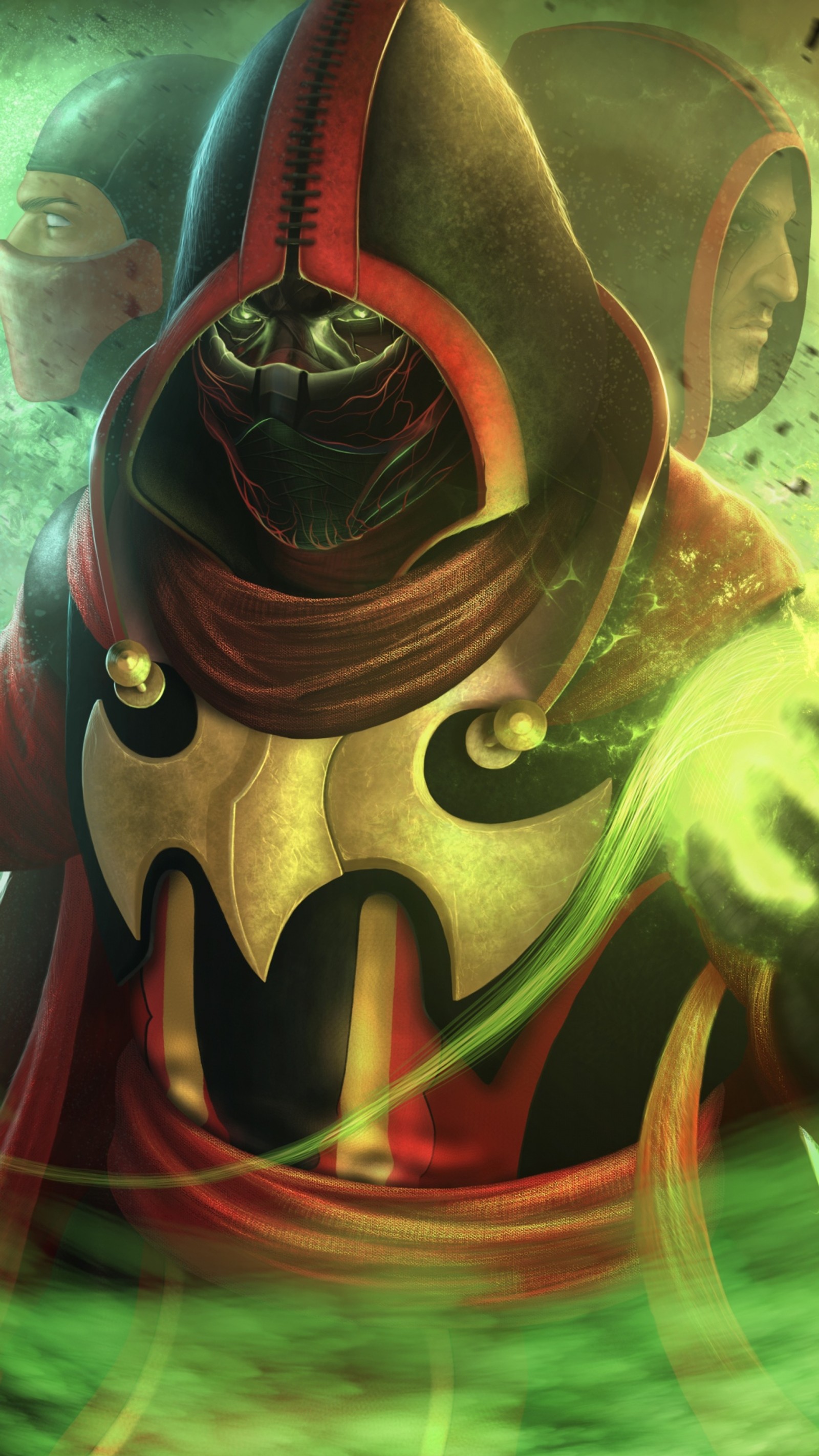 A close up of a person in a costume with a green light (ermac, kombat, mortal, ninja)