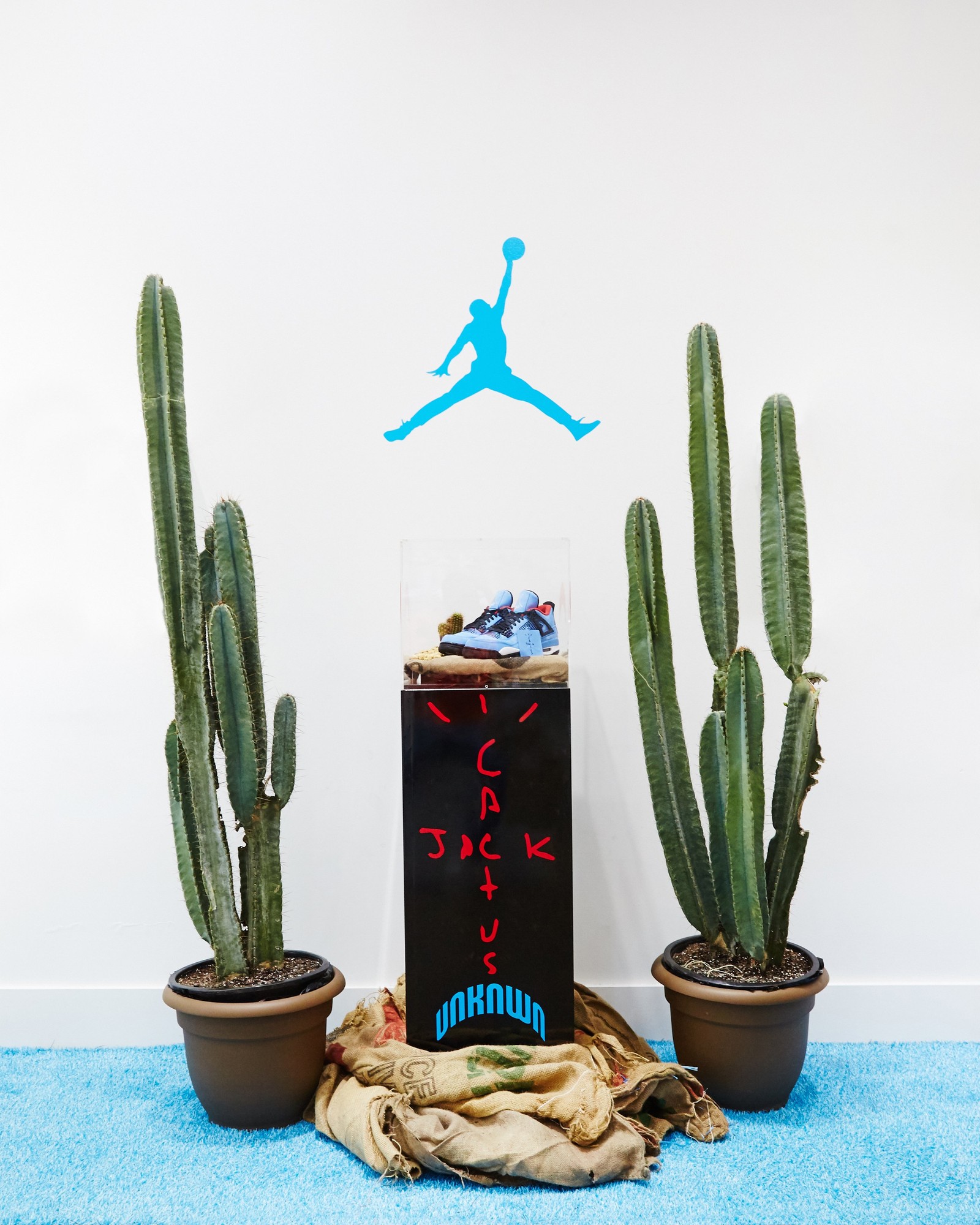 There are three cactuses and a sign on the floor (cactus jack, retro, travis scott)