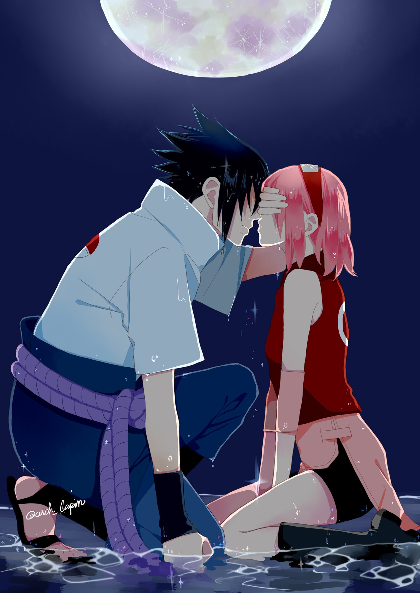 Un couple d'anime s'embrassant sous la lune (anime, hd, naruto, nouveau, sakura)