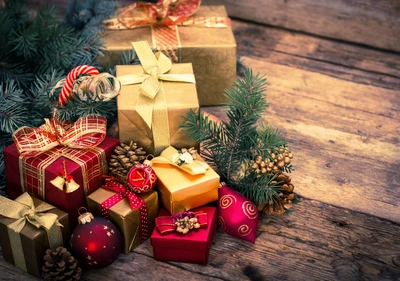 Festive Christmas Gifts and Ornaments Under a Pine Tree