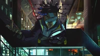 Ekko de True Damage dans un cadre urbain et futuriste, montrant un mouvement dynamique et des lumières de ville vibrantes.