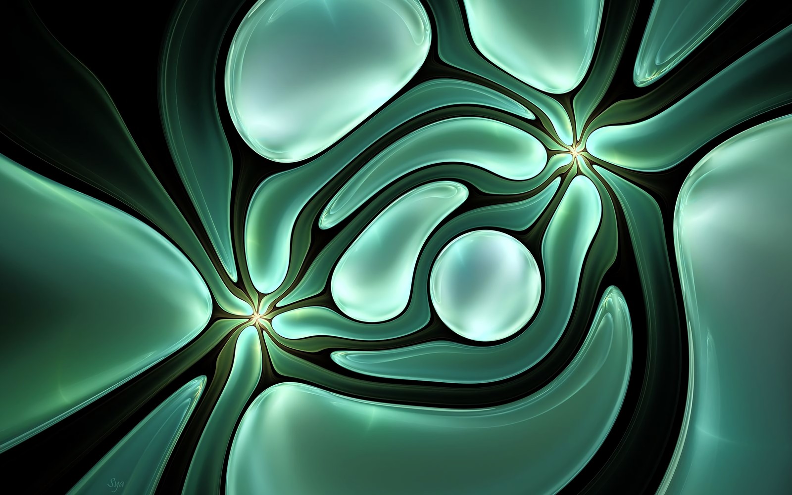 Abstract digital art of a green flower with a black background (turquoise, pattern, fractal, design, aqua)