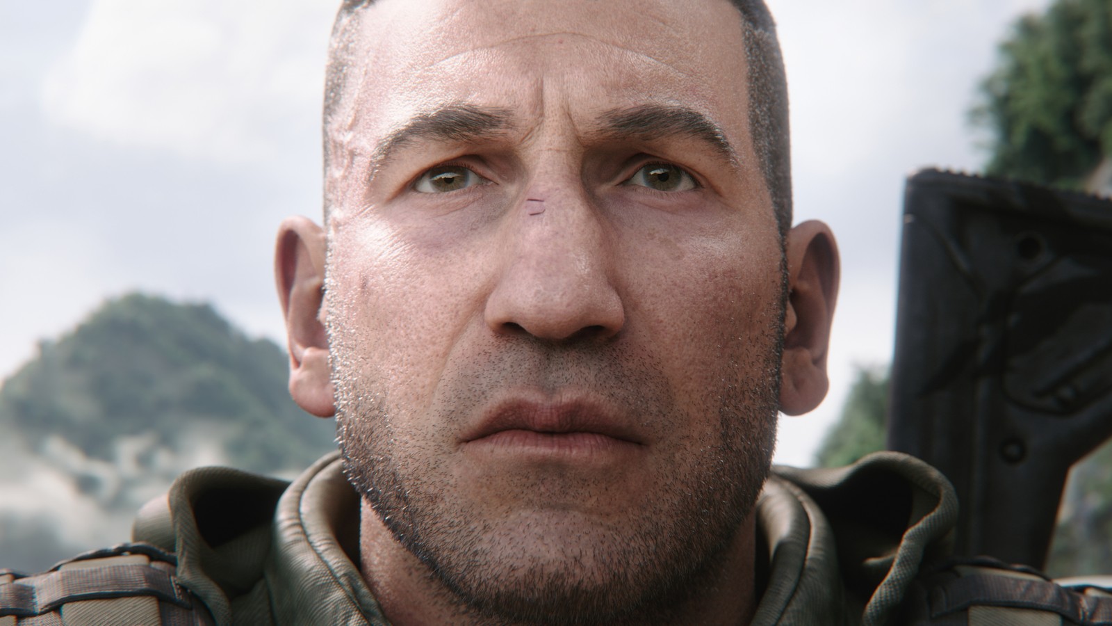 Un primer plano de un hombre con un arma en la mano (ghost recon breakpoint, videojuego, jon bernthal)