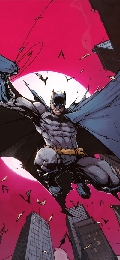 Batman schwebt über Gotham: Eine dynamische Comic-Kunstszene