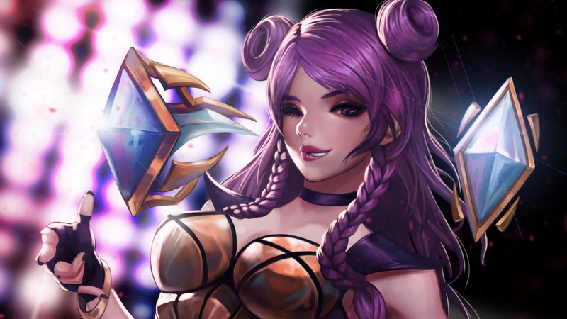 Женщина с фиолетовыми волосами, держащая меч и алмаз (kaisa, lol, league of legends, видеоигра)