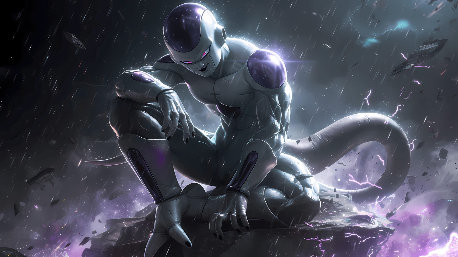 Primer plano de una persona sentada en una roca bajo la lluvia (frieza, dragon ball, 5k, arte de ia, ai art)