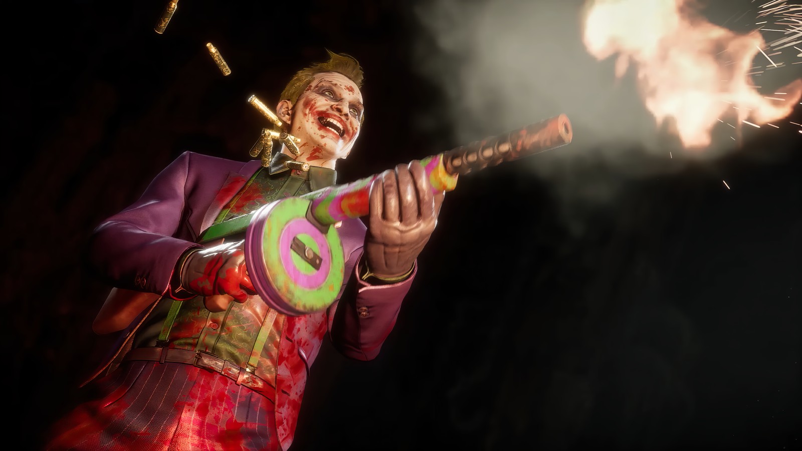 Descargar fondo de pantalla joker, riendo, thompson submachine, armas, mortal kombat 11