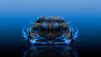 Arte fractal azul eléctrico de un Mercedes-Benz con elementos marinos simétricos